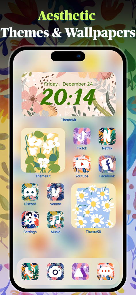Themes: Widget,Wallpaper,Icon - Pantalla de inicio personalizada de iPhone con fondos de pantalla florales estéticos, widgets a juego y iconos de aplicaciones con patrón floral.