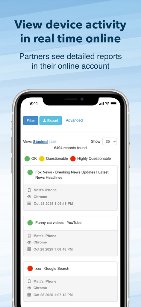 Accountable2You Monitoring - A screenshot of the Accountable2You app showing a real-time device activity report with color-coded status alerts for monitored browsing history.