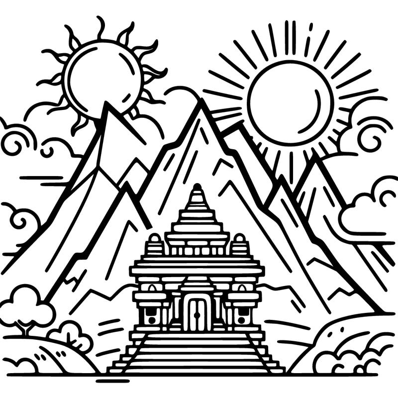 mountain with temple and sun