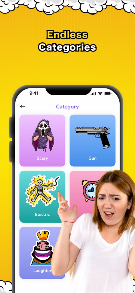 Prankify: Funny Call & Sound - Prankify app interface showing various prank sound categories like scary gun and electric with a woman making a surprised face