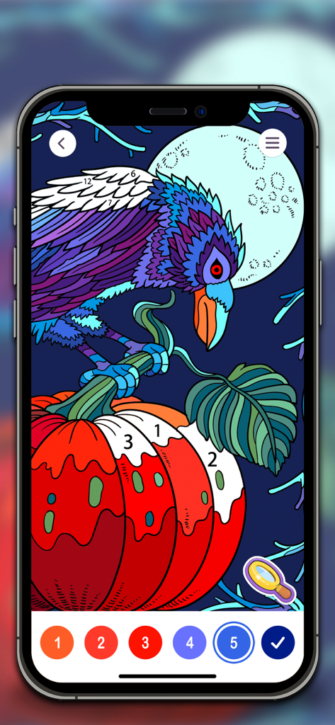 A digital paint by number interface featuring a colorful bird perched on a branch above a pumpkin under a full moon.