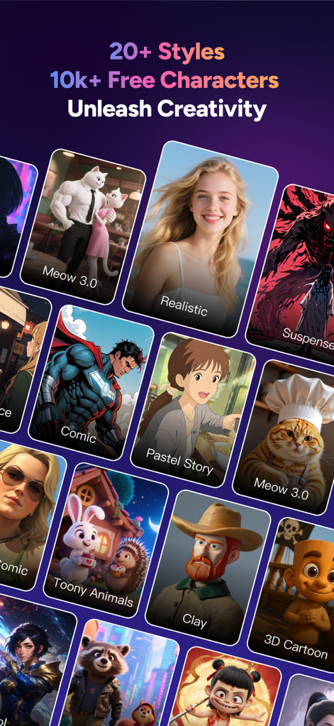 A showcase of different AI video styles and characters available in MagicLight including realistic comic and 3D cartoon aesthetics