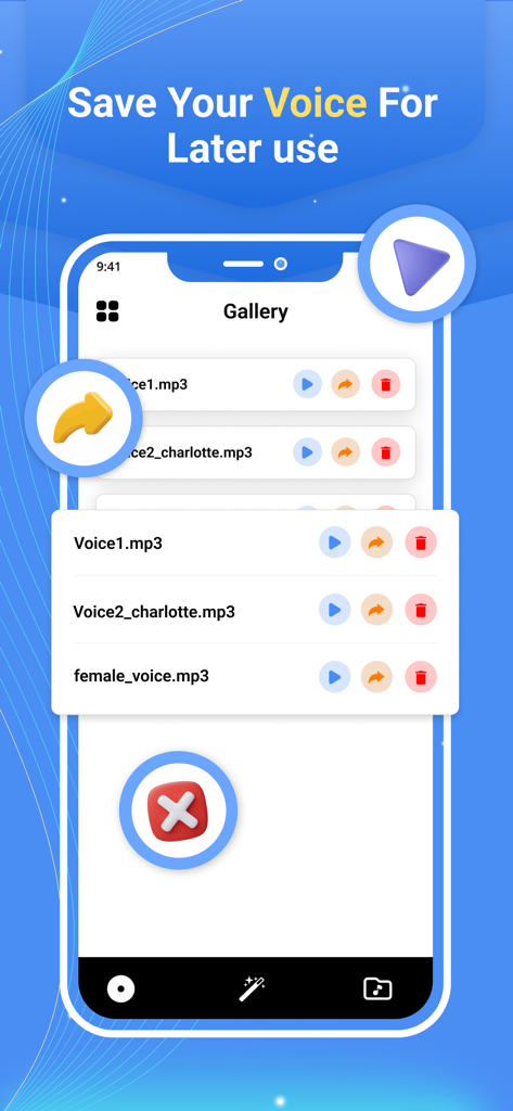 Vocalabs: Gender voice changer - Interfaz de la aplicación Vocalabs que muestra una galería de grabaciones de voz guardadas con botones de reproducción y compartir.