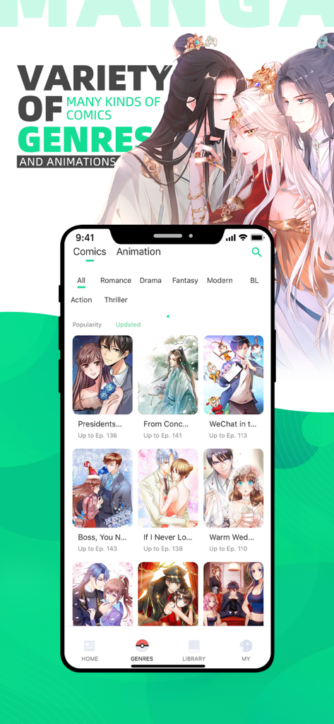 Interfaz de la aplicación móvil Ur Manga mostrando varios géneros de cómics como romance y fantasía