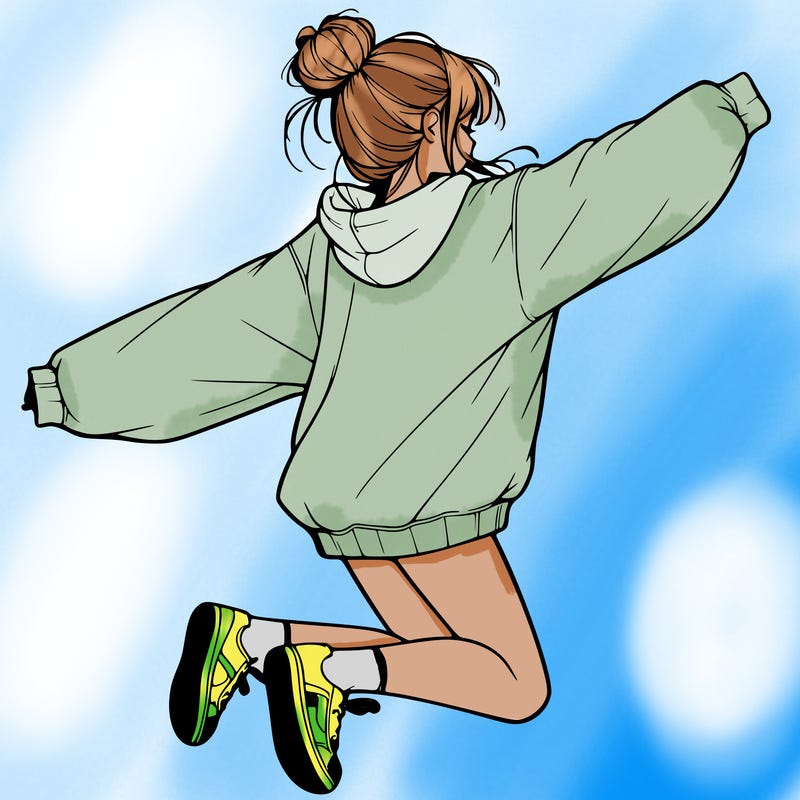 realistic girl jumping with a bun and oversized sweatshirt