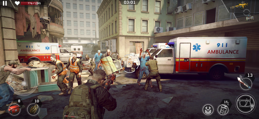 Third-person shooter gameplay in Left to Survive showing survivors fighting zombies in an urban street with ambulances.