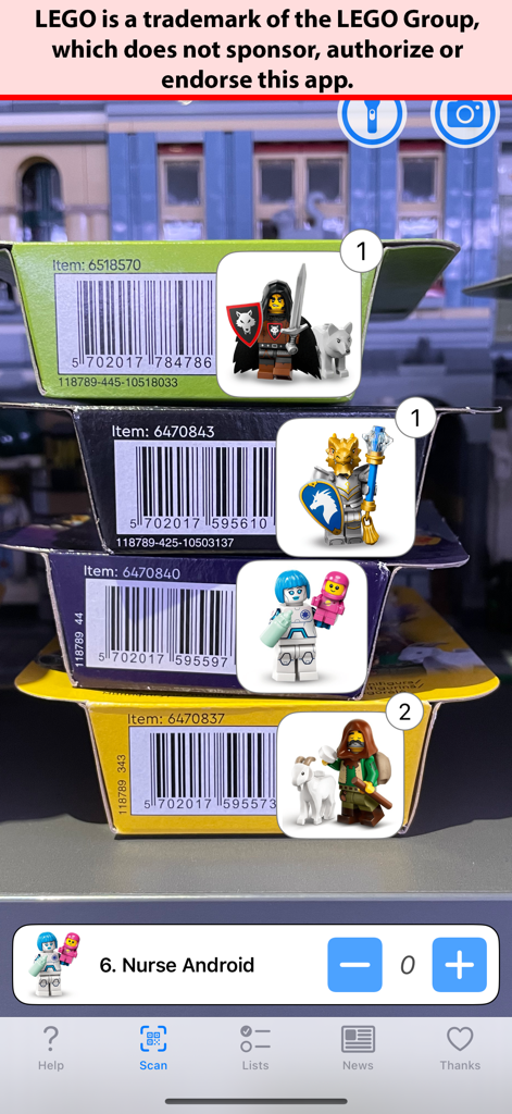 Minifig Scan - Minifig Scan app identifying LEGO minifigures from box barcodes