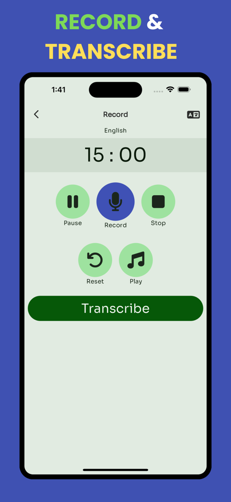 User interface of Transcribe 2026 mobile app showing voice recording controls and a transcribe button