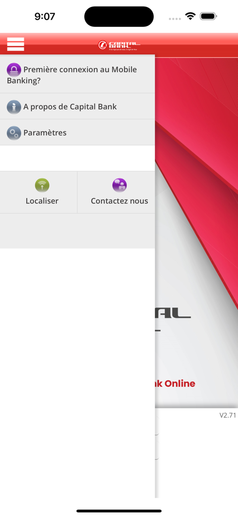Capital Bank Mobile Banking - Menú de navegación lateral de la aplicación Capital Bank Mobile Banking que muestra opciones de configuración, acerca de y contacto en francés