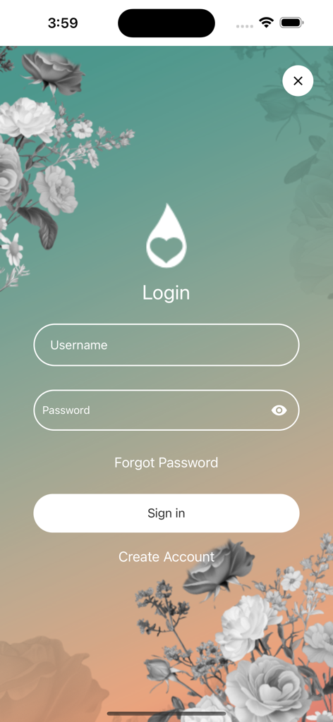 Login screen of the Essential Emotions plus app featuring username and password fields with a floral background and heart drop logo