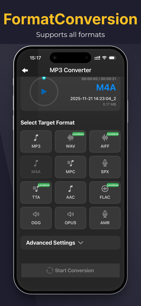 Interface de l'application Convertisseur MP3 sur iPhone montrant la sélection du format audio cible pour la conversion