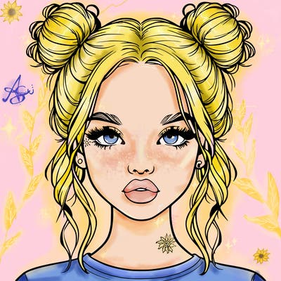 realistic girl with two buns in hair and lips