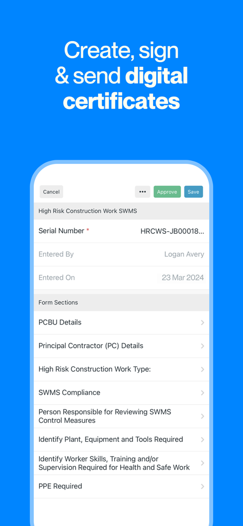 Tradify mobile App-Bildschirm zur Erstellung und Unterzeichnung digitaler Bau-Sicherheitszertifikate