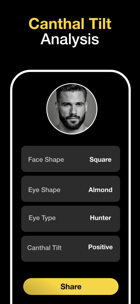 AI facial analysis results screen showing canthal tilt and face shape