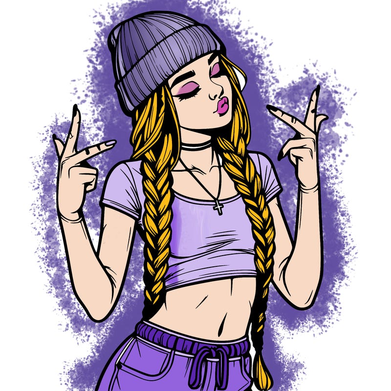 realistic teenage girl with braids and a beanie and crop top doing 🫶🏼