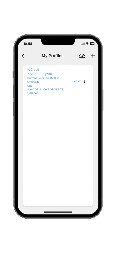 Clash Mi - Schermata Profili della mia app Clash Mi che mostra i dettagli della configurazione YAML e l'utilizzo della rete
