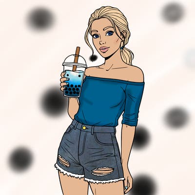 girl with a off shoulder shirt and ripped jean shorts and boba