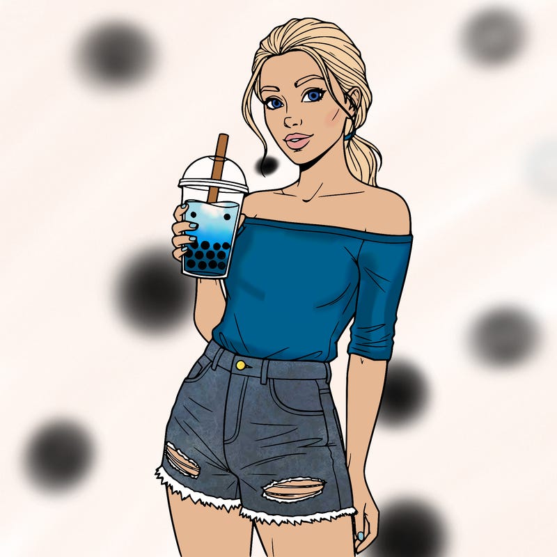 girl with a off shoulder shirt and ripped jean shorts and boba