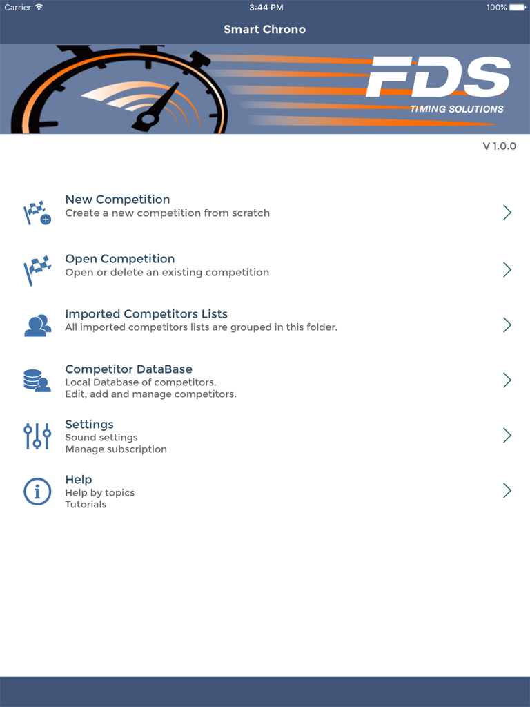 FDS Smart Chrono - FDS Smart Chrono home screen on iPad showing competition management and settings options