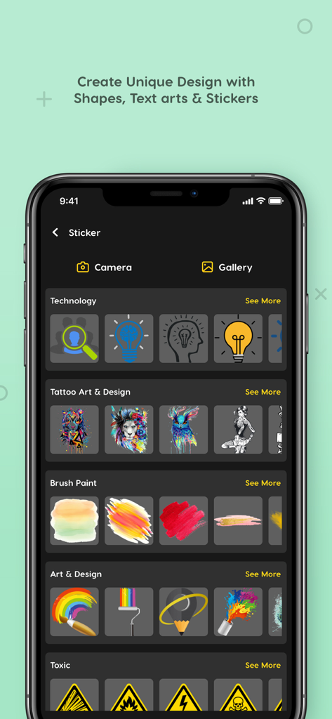 Logo Maker - logo design - A mobile app screen displaying various sticker categories for logo design including Technology and Tattoo Art