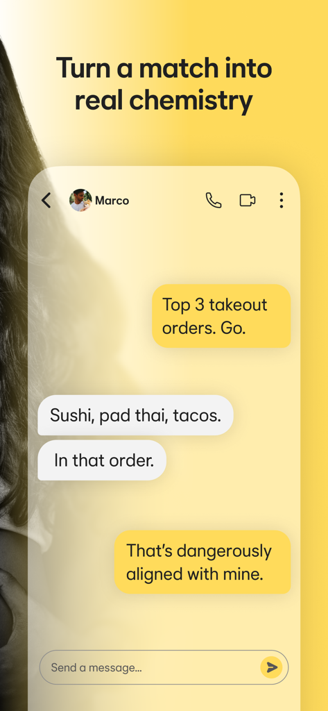 Bumble app chat interface showing a conversation between two matches.
