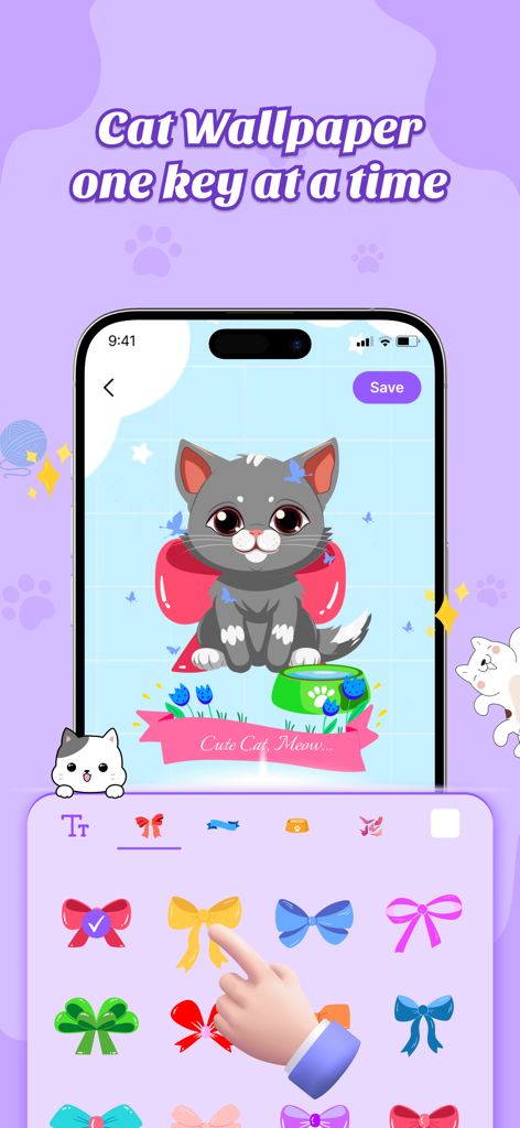 Cat Keyboard - Cute Kitty Skin - Oberfläche der Cat Keyboard App, die zeigt, wie ein Benutzer einen grauen Kätzchen-Hintergrund mit bunten Schleifen anpasst