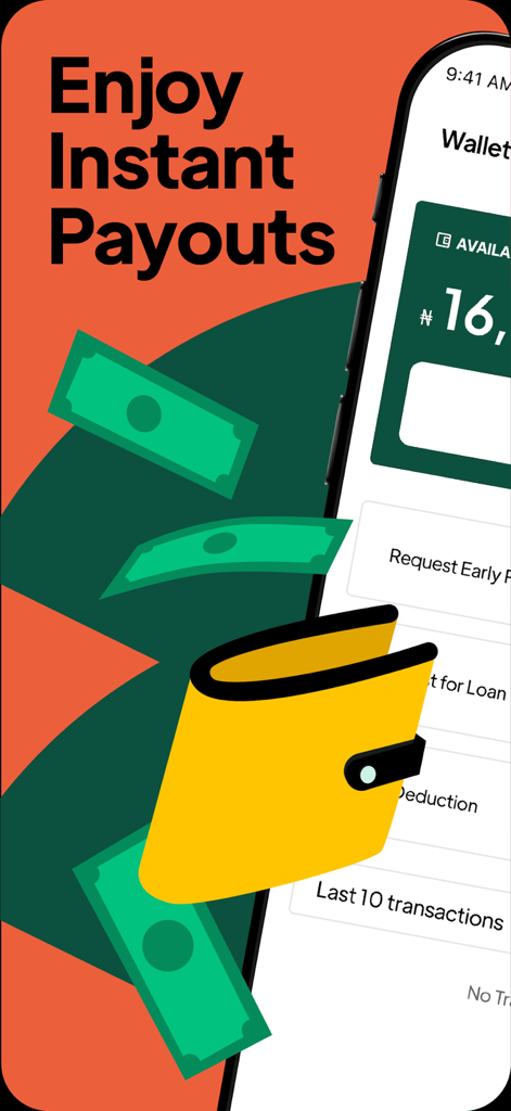 Chowdeck Rider - Interfaz de la aplicación Chowdeck Rider que muestra la billetera de pagos instantáneos y el saldo disponible para mensajeros