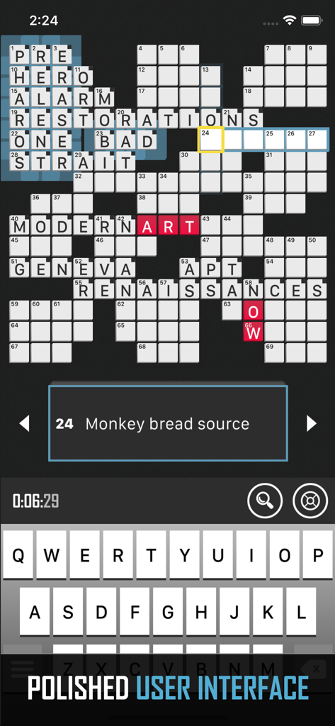 Crossword Puzzle Redstone - Uno screenshot mobile dell'app Cruciverba Redstone con un'interfaccia in modalità scura, una griglia di parole completata e una tastiera virtuale.