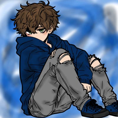 a male hoddie ripped jeans messy hair anime