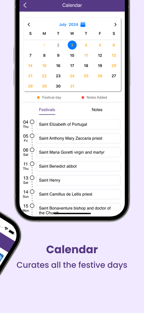 Captura de pantalla de la aplicación Biblia Italiana que muestra un calendario litúrgico con días festivos de santos católicos