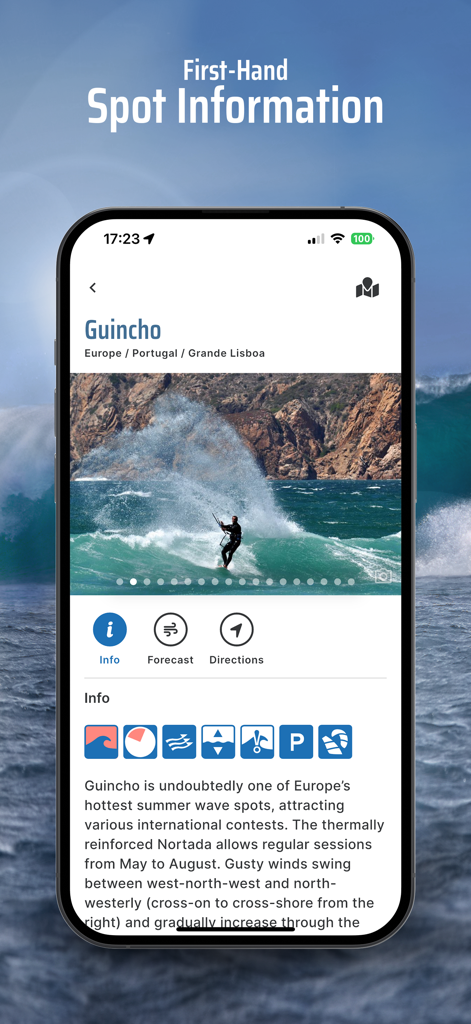 Kite & Windsurfing Guide - Kite and Windsurfing Guide app displaying spot info for Guincho Portugal