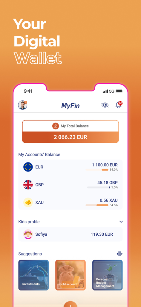 Captura de pantalla de la interfaz de la aplicación MyFin que muestra saldos de cuentas multidivisa y funciones de billetera digital
