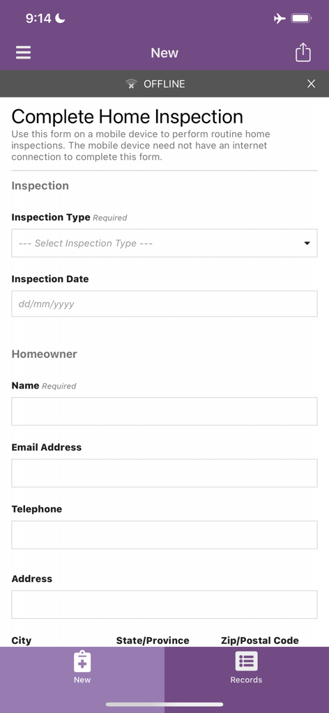 Appian - Appian mobile app displaying an offline form for completing a home inspection