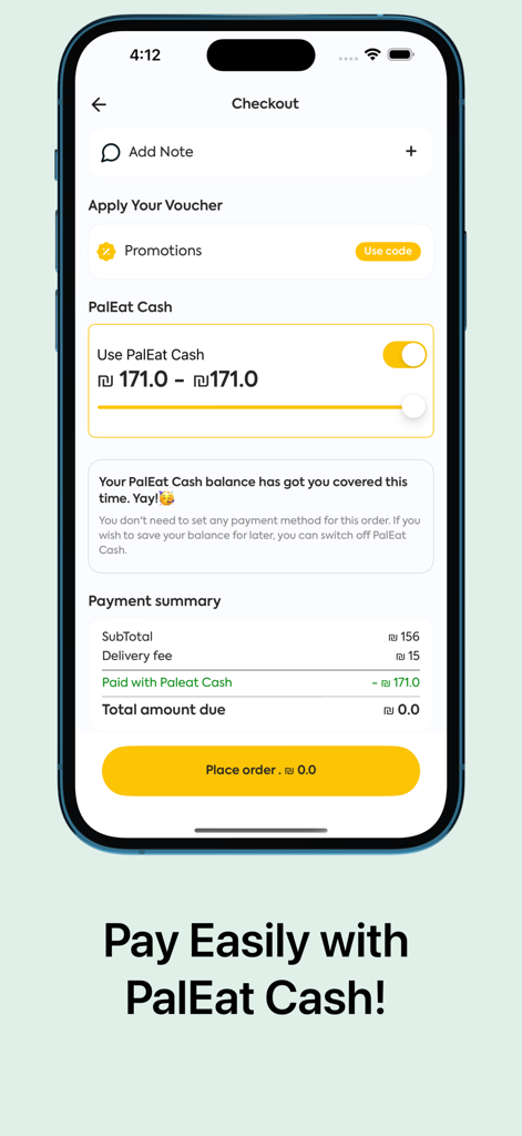 PalEat food delivery app checkout screen showing payment summary and loyalty cash options