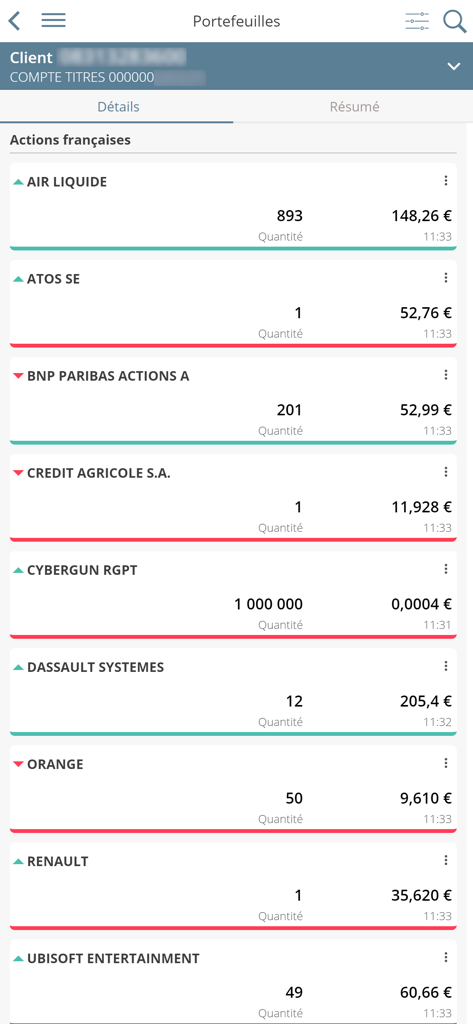 L'Appli Bourse Portzamparc - Mobile app screenshot of Portzamparc showing French stock holdings and market values.