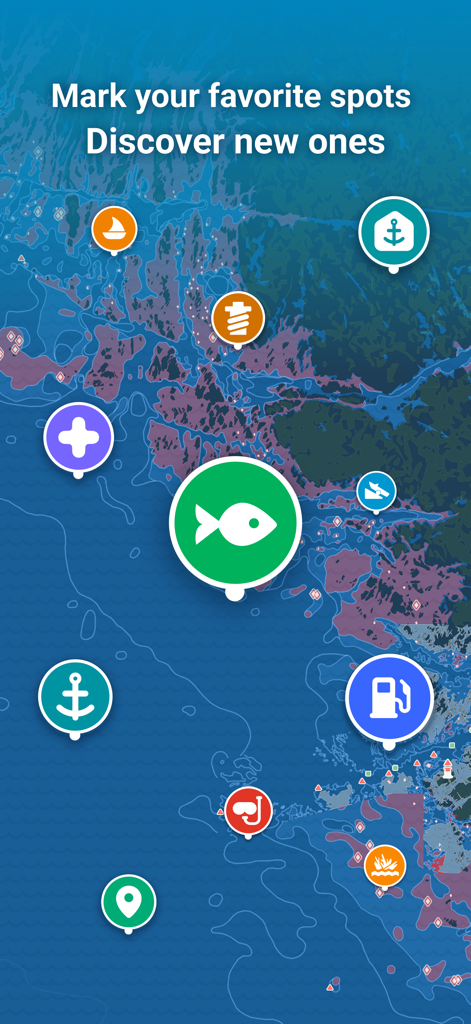 Nautical chart with colorful icons for fishing fuel and anchorages