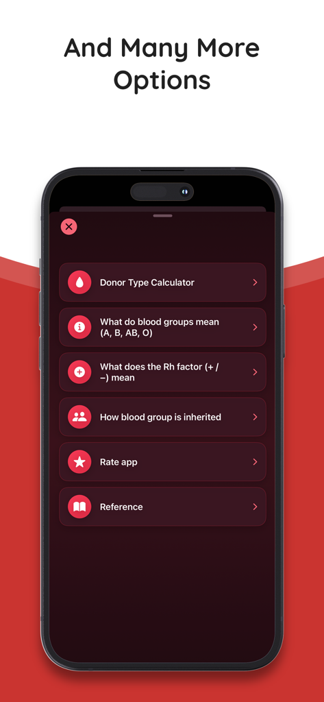 A tela de menu do aplicativo Calculadora de Tipo Sanguíneo do Bebê exibindo opções para cálculo do tipo de doador e informações médicas sobre a herança do grupo sanguíneo.