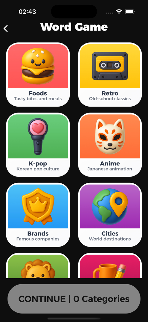 Who is the imposter Game - Pantalla de selección de categoría para el juego de palabras Fakeit que muestra varios temas de cultura pop como K-pop y Anime