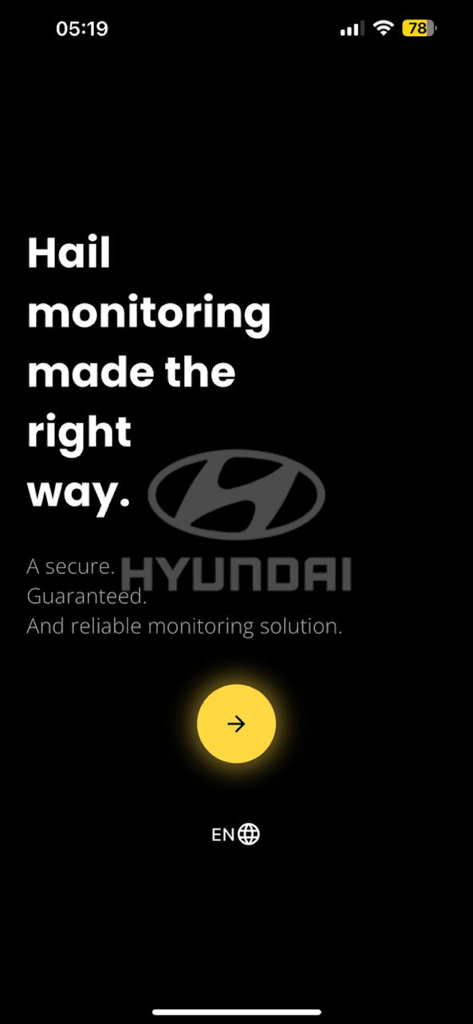 PDRadar - PDRadar app splash screen with the slogan Hail monitoring made the right way and Hyundai logo