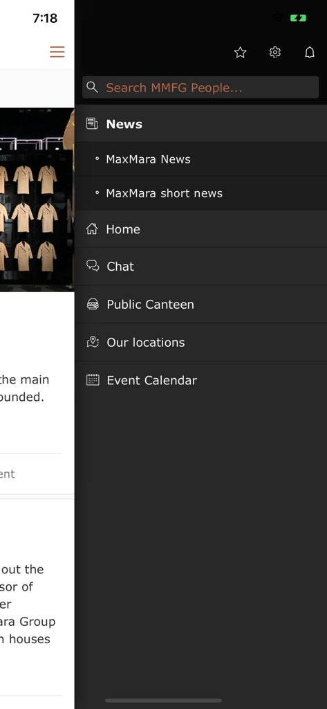 MMFG People - Sidebar navigation menu of the MMFG People app showing sections for news home chat and event calendar