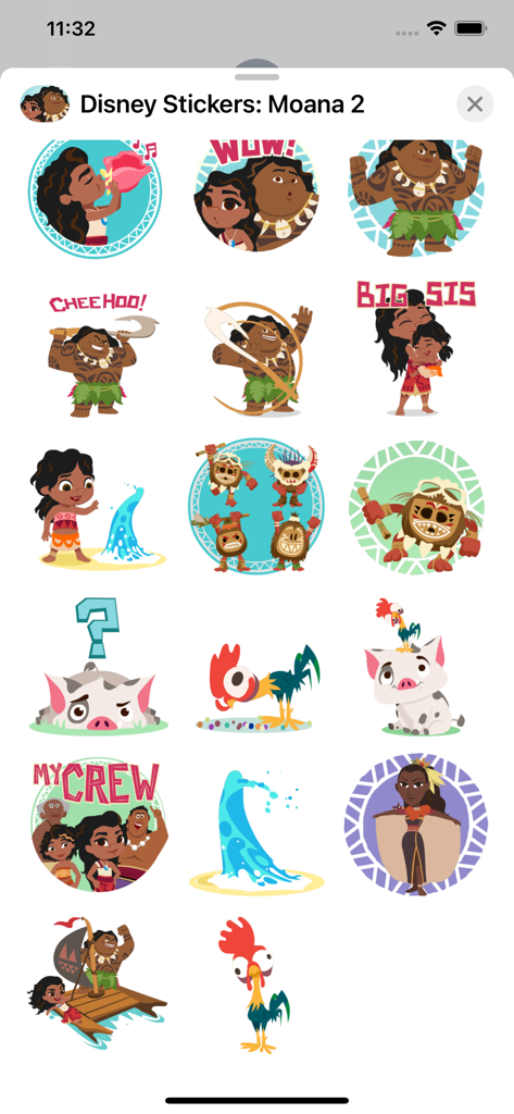 Disney Stickers: Moana 2 - Collection of Disney Moana 2 iMessage stickers featuring Moana Maui and other characters