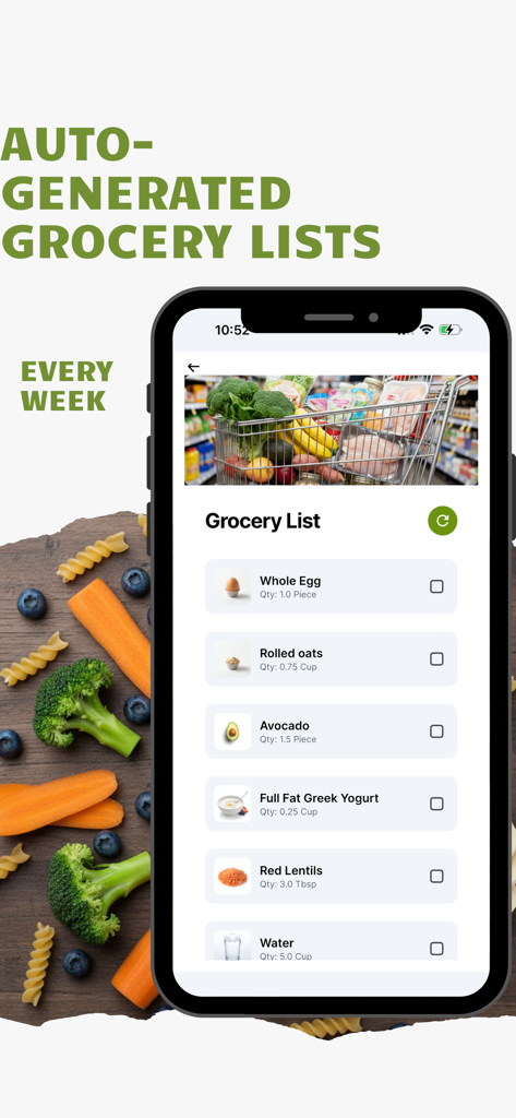 MunchMind - MunchMind app interface showing an auto-generated weekly grocery list for baby meals