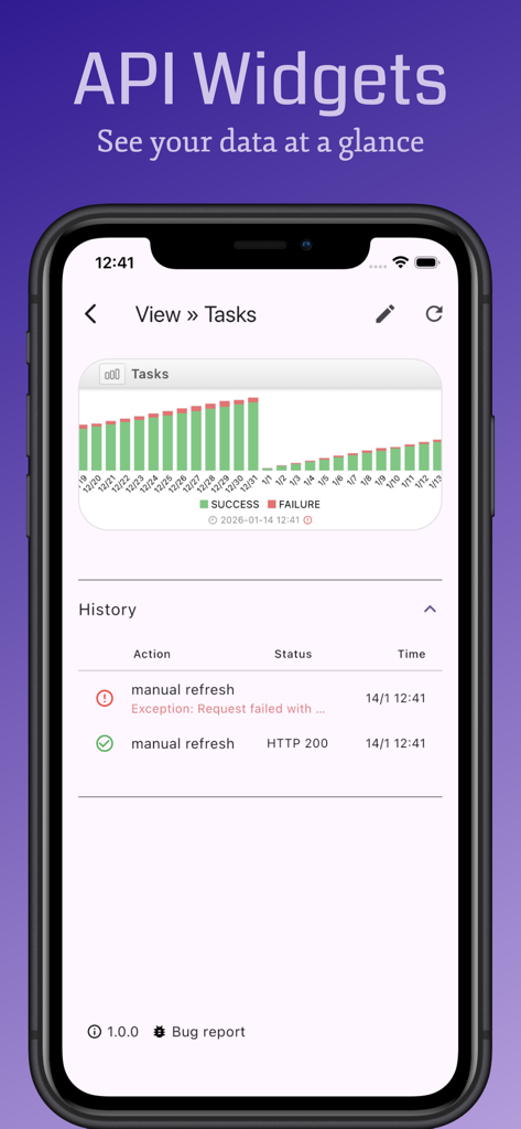 API Widgets - API Widgets app screen showing a bar chart of task success and failure history