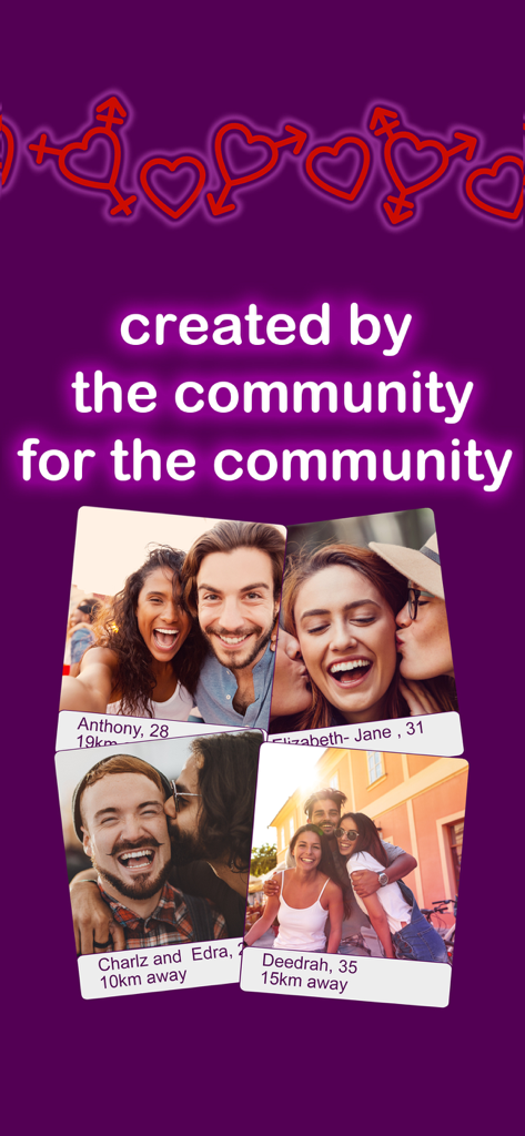PolyFinda app screen showing diverse user profiles and community-focused slogan