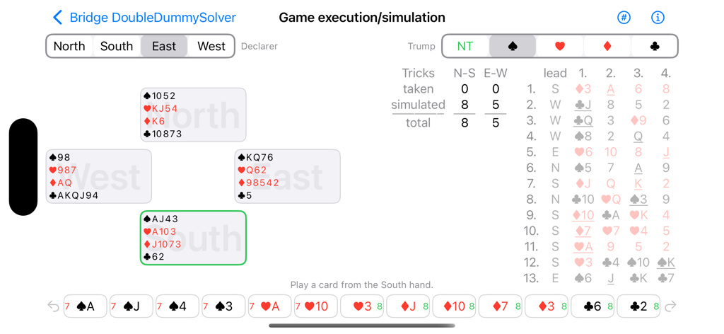 Simulación interactiva de mano y pantalla de análisis double dummy de BridgeDDS