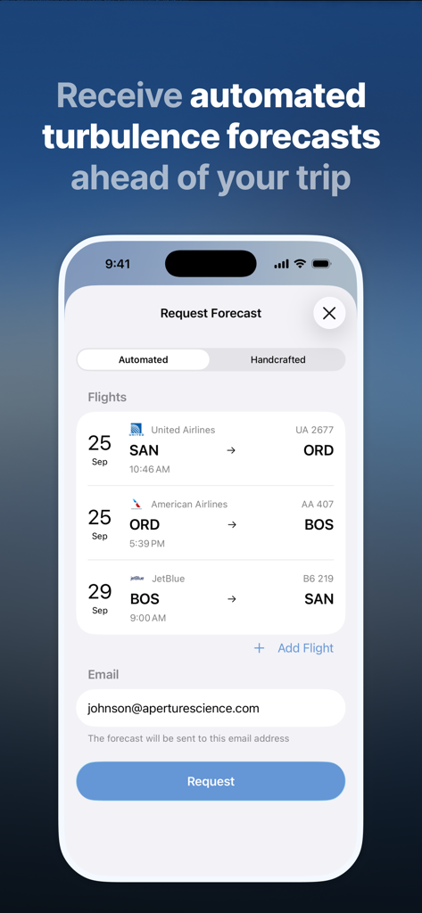 Interface de l'application Prévisions de turbulences permettant aux utilisateurs de demander des rapports automatisés pour leurs prochains vols