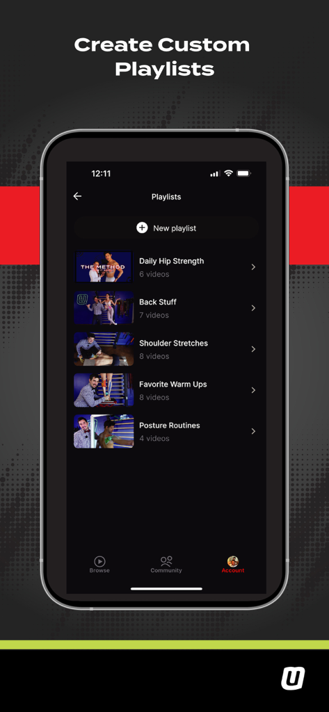 MoveU - MoveU mobile app screen showing custom exercise playlists for back pain hip strength and shoulder mobility