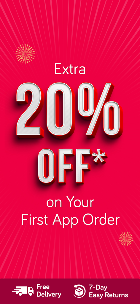 Anuncio promocional de Snapdeal que ofrece un 20 por ciento de descuento en el primer pedido de la aplicación con envío gratuito y devoluciones fáciles
