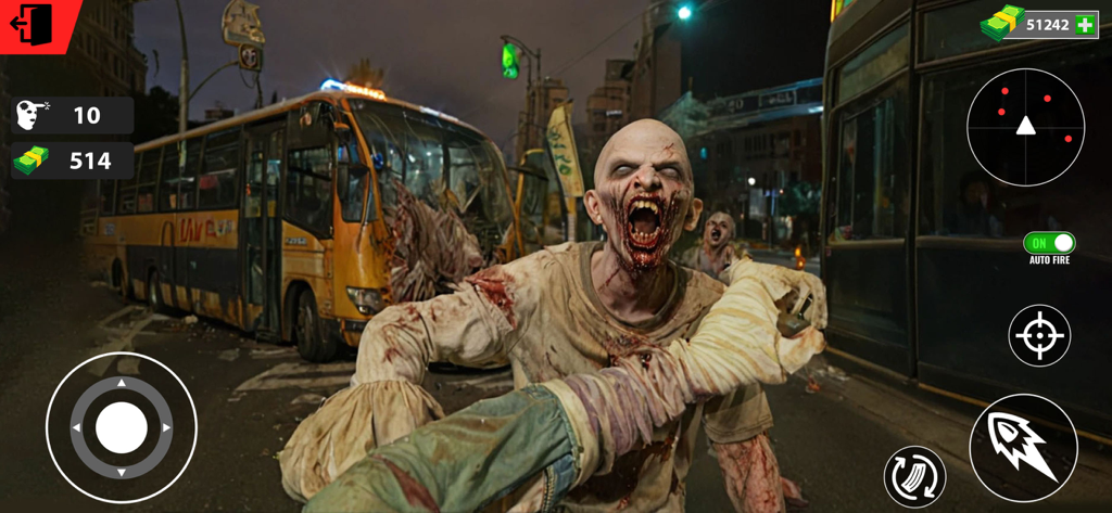 Survive: Zombie Shooting Games - A terrifying zombie lunging at the player in a dark city street from the game Survive Zombie Shooting Games