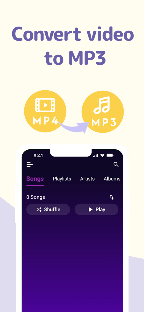 Convert Video to MP3-ClipSong - ClipSongアプリのインターフェース。iPhoneでMP4からMP3への変換と音楽ライブラリプレイヤーを表示。